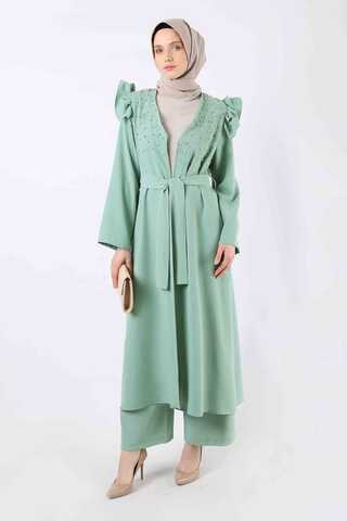 Pearl Embroidered Abaya Suit Water Green - 3