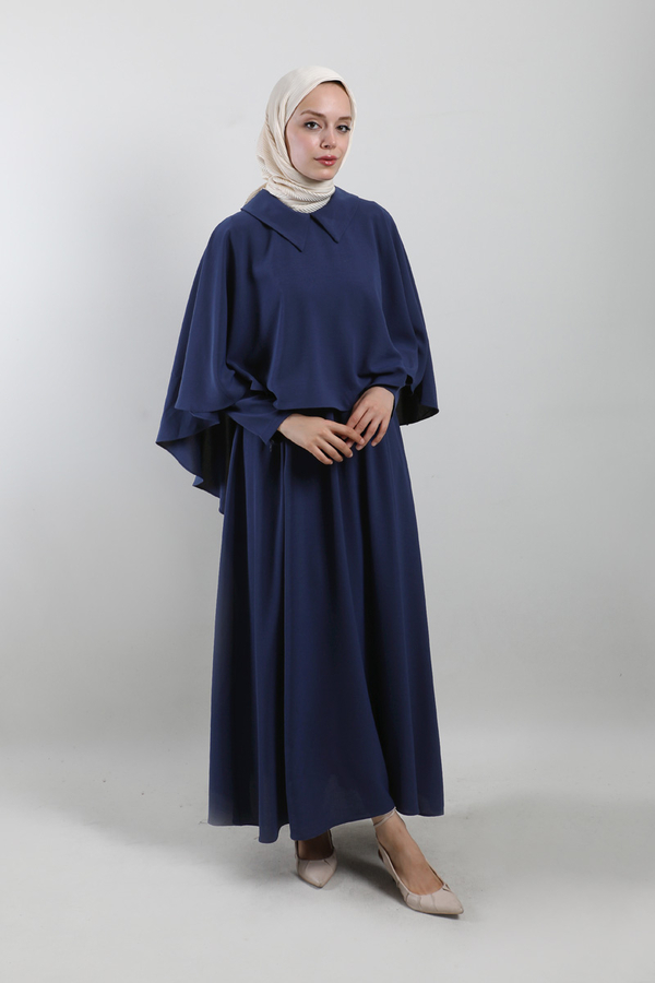 Pelerinli Elbise Lacivert - 1