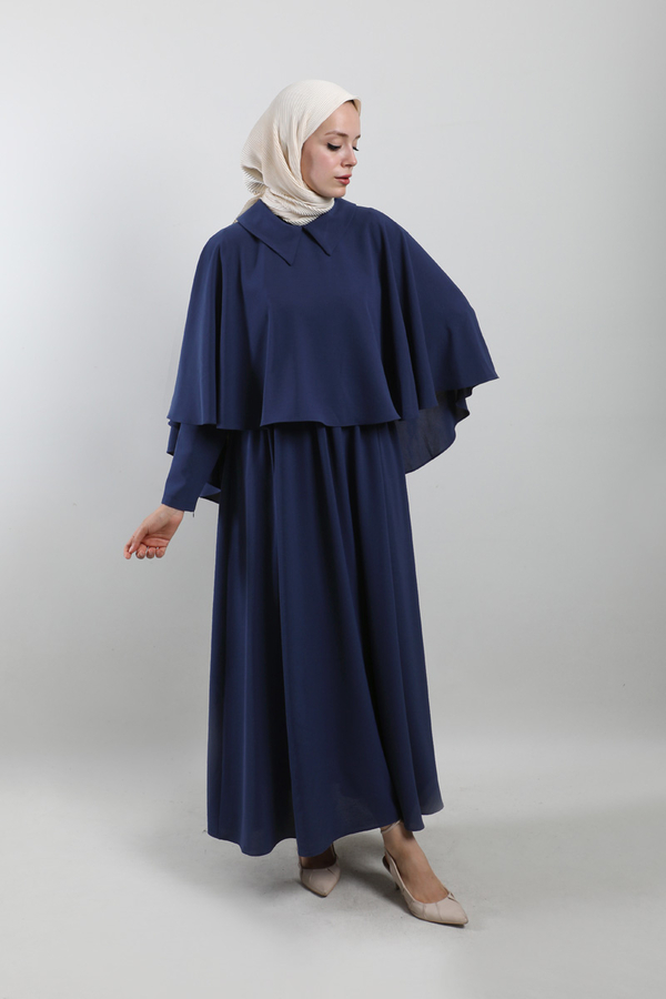 Pelerinli Elbise Lacivert - 3