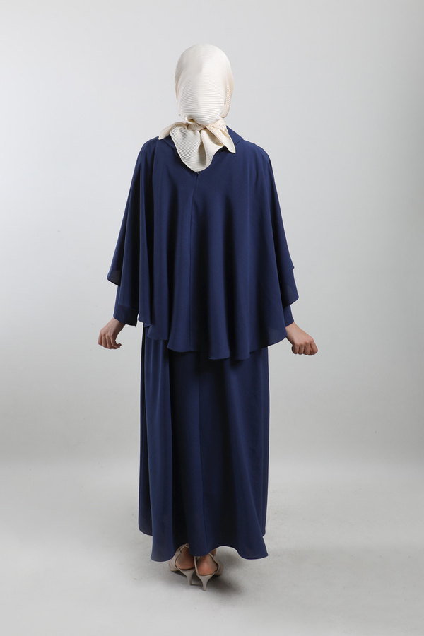Pelerinli Elbise Lacivert - 5