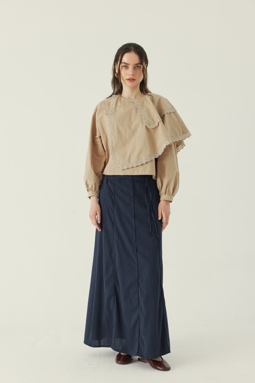 Pelerinli Poplin Gömlek Bej - 3