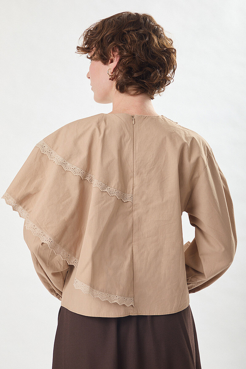 Pelerinli Poplin Gömlek Bej - 5