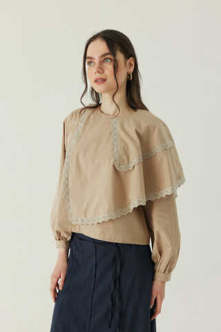 Pelerinli Poplin Gömlek Bej - 8