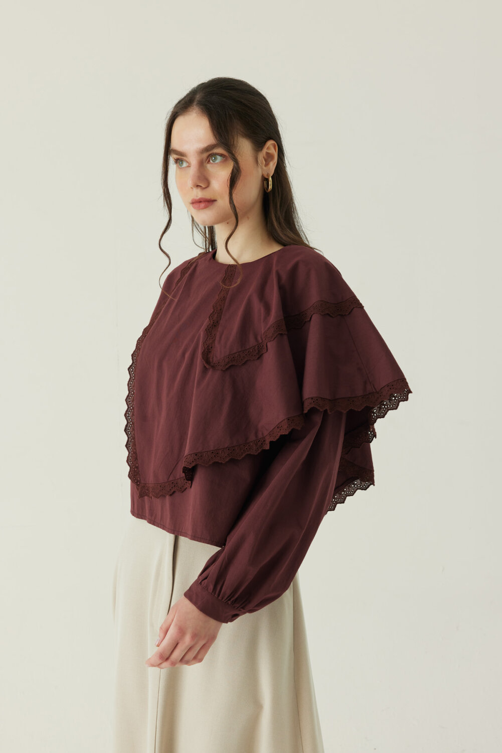 Pelerinli Poplin Gömlek Bordo 