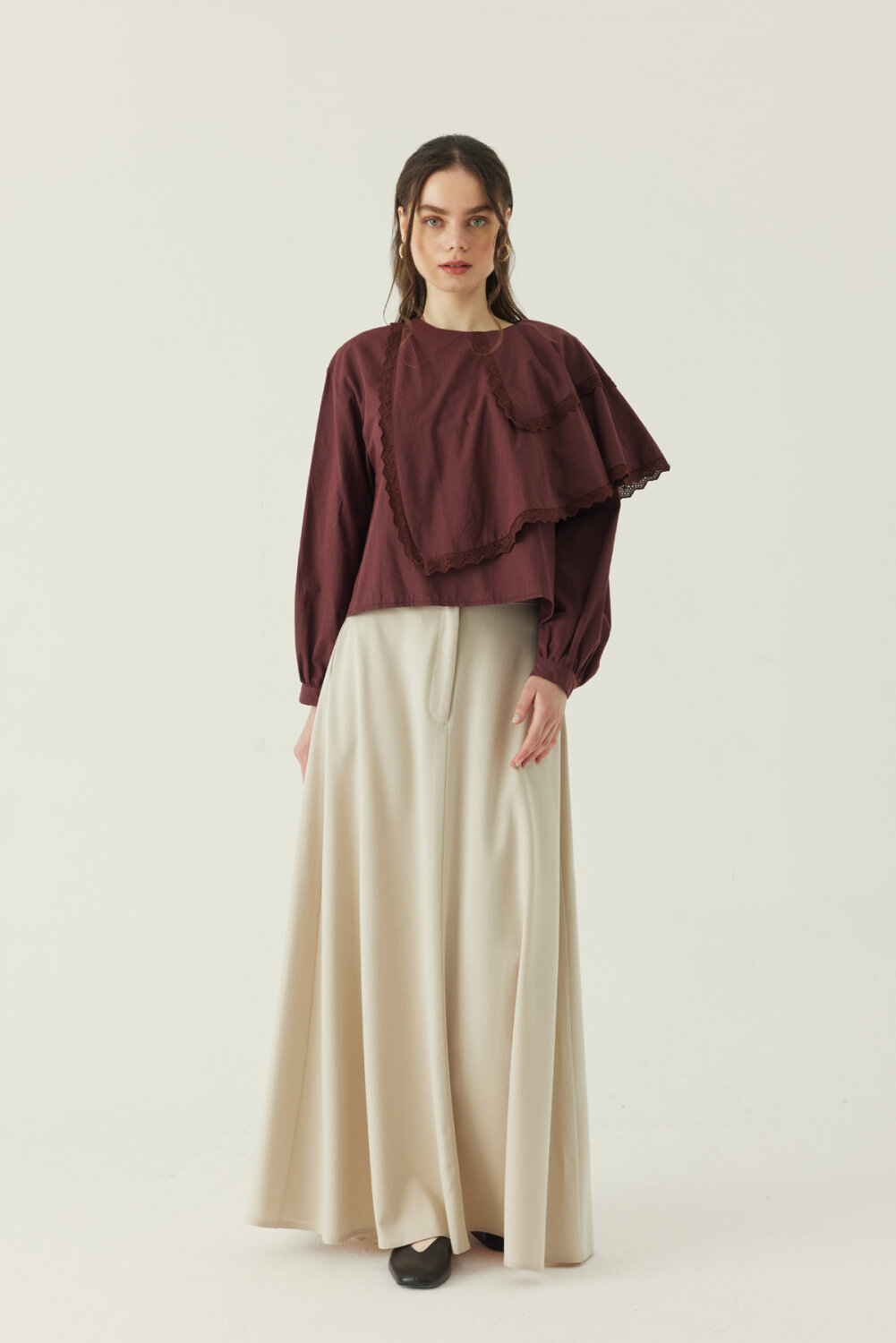 Pelerinli Poplin Gömlek Bordo - 5