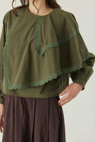 Pelerinli Poplin Gömlek Haki - 1