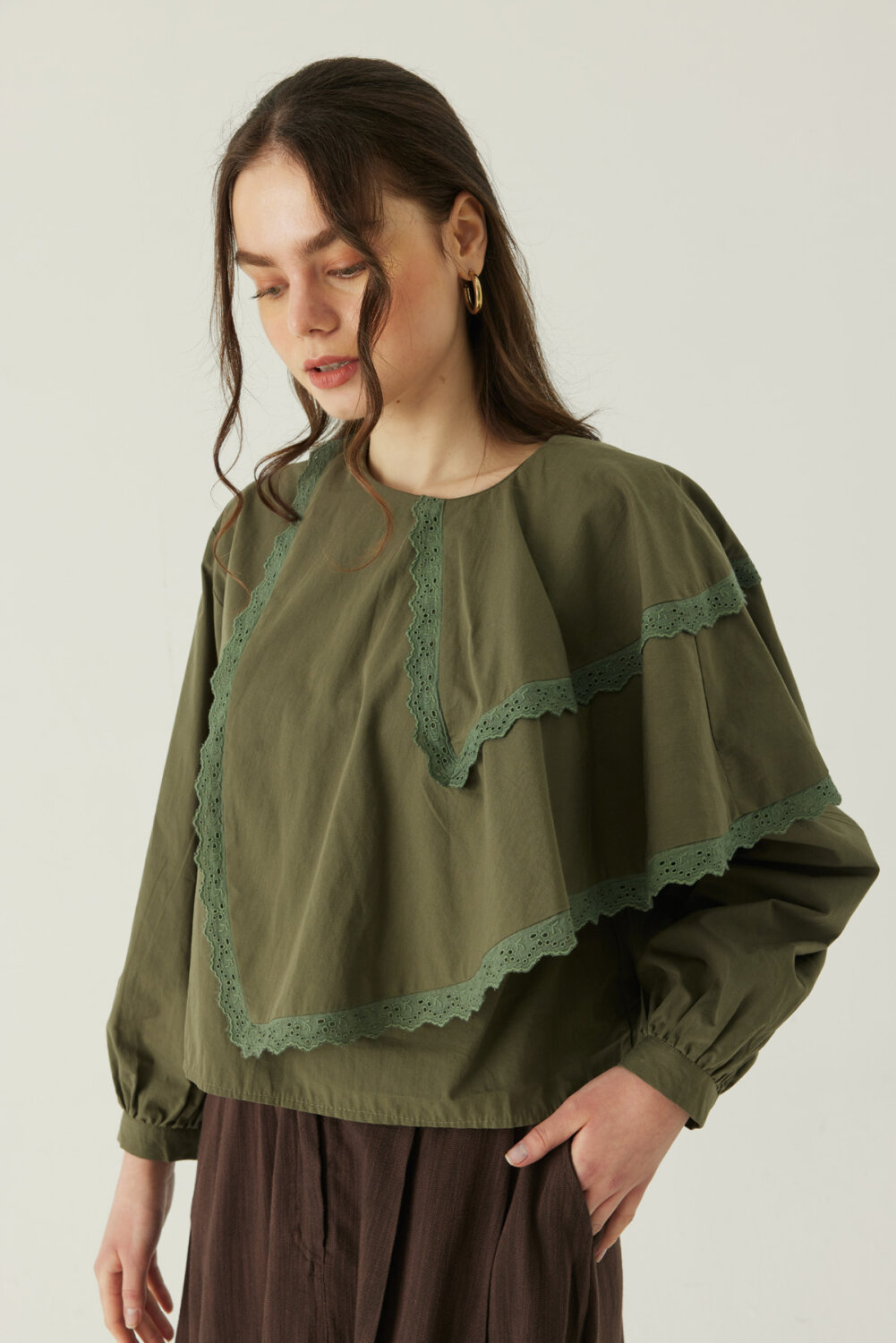 Pelerinli Poplin Gömlek Haki - 2