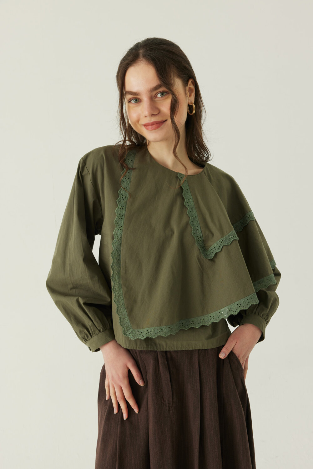 Pelerinli Poplin Gömlek Haki - 4