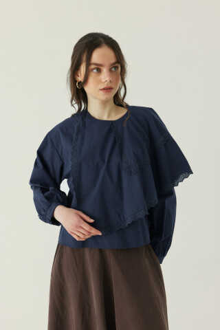 Pelerinli Poplin Gömlek Lacivert - 3