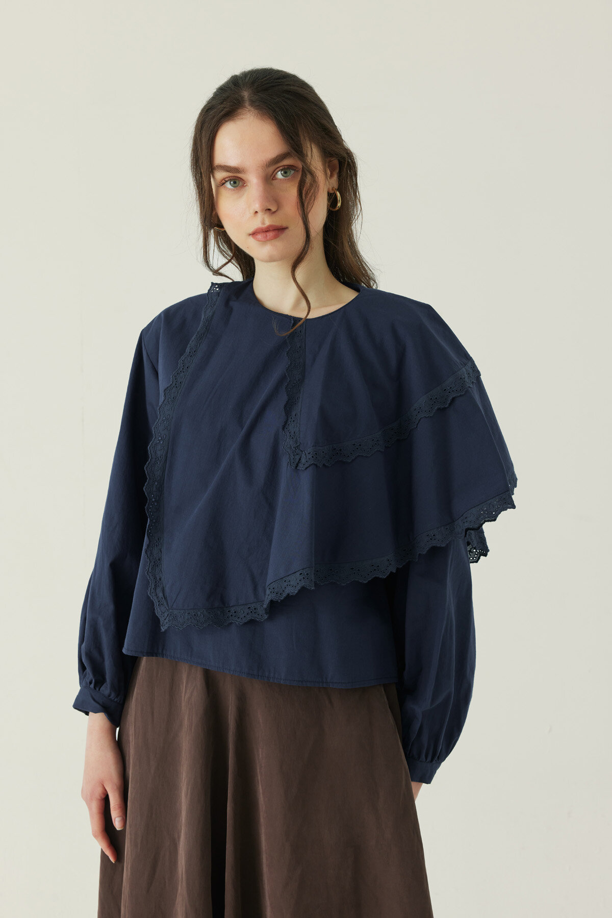 Pelerinli Poplin Gömlek Lacivert