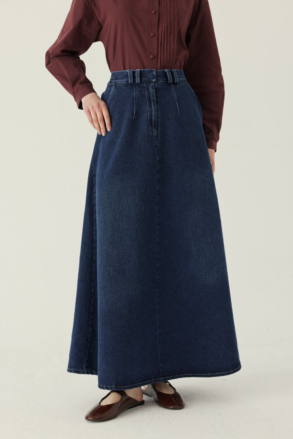 Pens Detaylı Denim Etek Mavi - 5