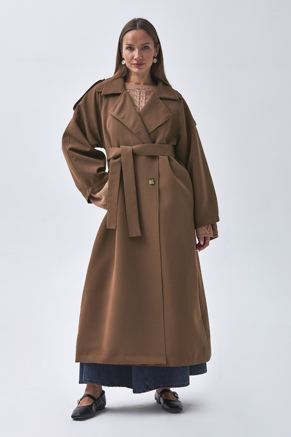 Pens Detaylı Kruvaze Trençkot Kahverengi 