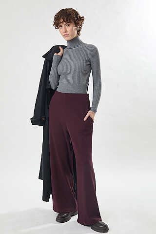 Pensli Geniş Paça Pantolon Bordo - 4