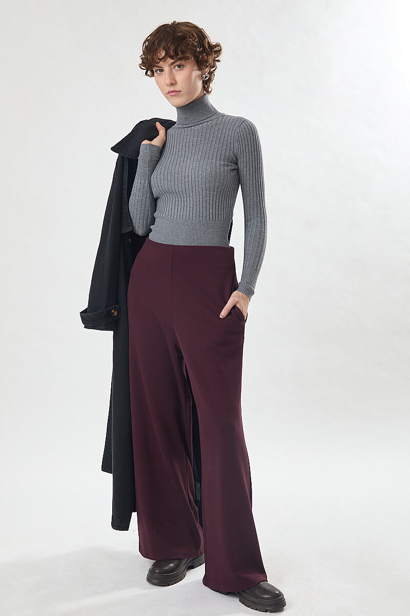 Pensli Geniş Paça Pantolon Bordo - 4