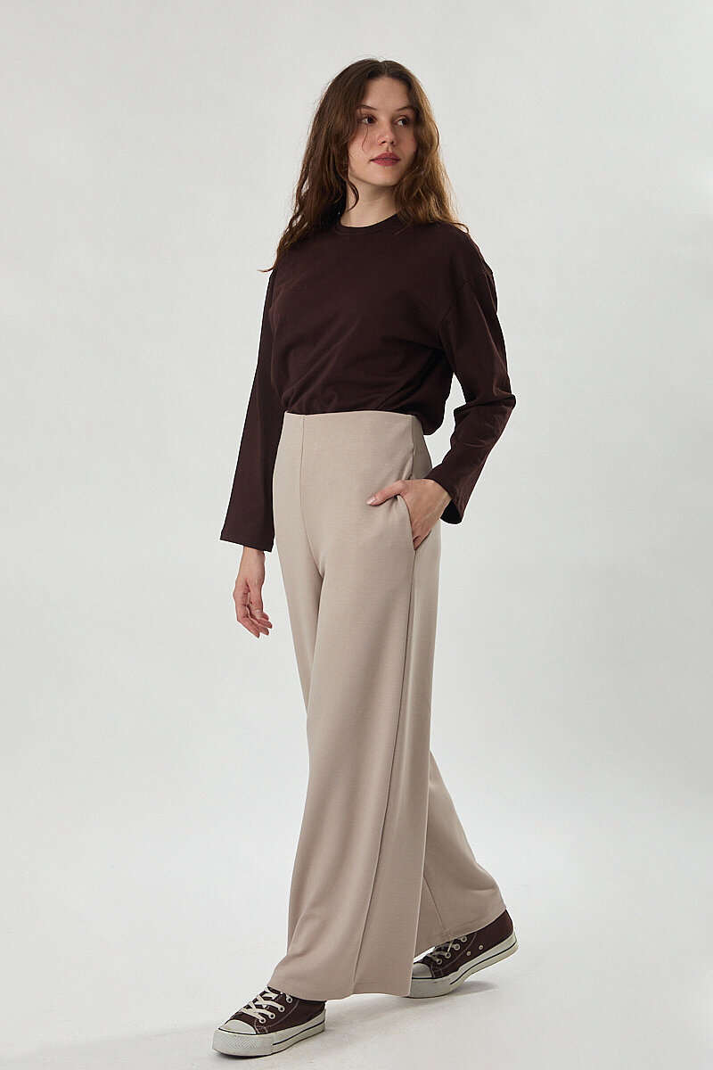 Pensli Geniş Paça Pantolon Taş - 5