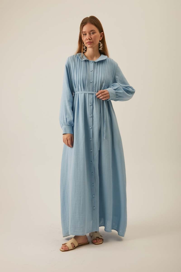 Peter Pan Collar Muslin Dress with Pintuck Details Baby Blue 