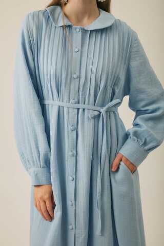 Peter Pan Collar Muslin Dress with Pintuck Details Baby Blue - 5