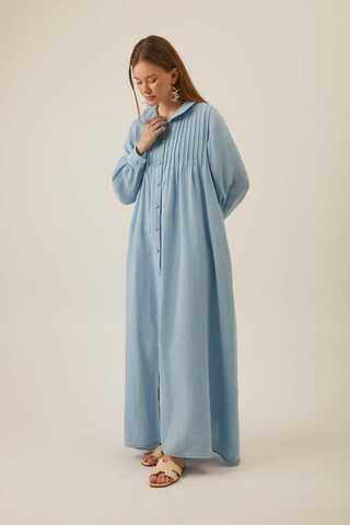 Peter Pan Collar Muslin Dress with Pintuck Details Baby Blue - 7