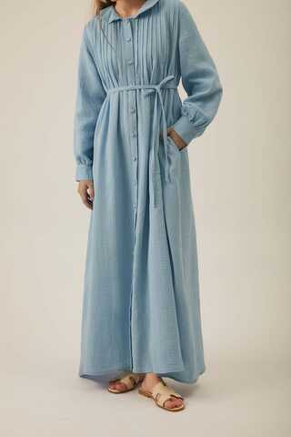 Peter Pan Collar Muslin Dress with Pintuck Details Baby Blue - 4