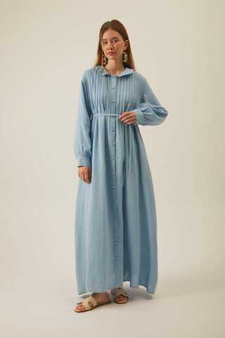 Peter Pan Collar Muslin Dress with Pintuck Details Baby Blue - 1