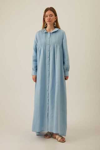 Peter Pan Collar Muslin Dress with Pintuck Details Baby Blue - 6