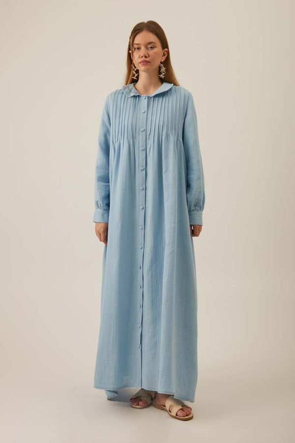 Peter Pan Collar Muslin Dress with Pintuck Details Baby Blue - 6