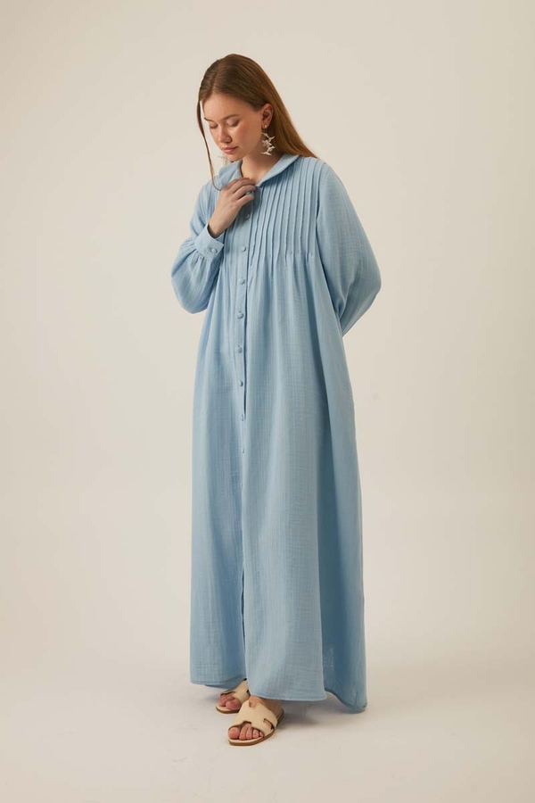 Peter Pan Collar Muslin Dress with Pintuck Details Baby Blue - 7