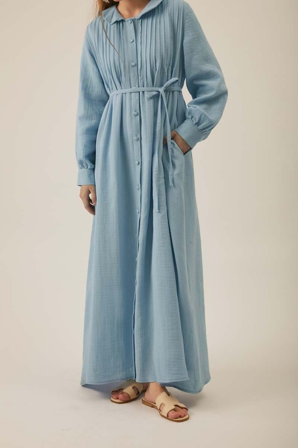 Peter Pan Collar Muslin Dress with Pintuck Details Baby Blue - 4