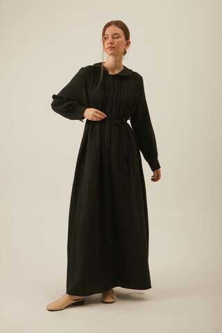 Peter Pan Collar Muslin Dress with Pintuck Details – Black - 2