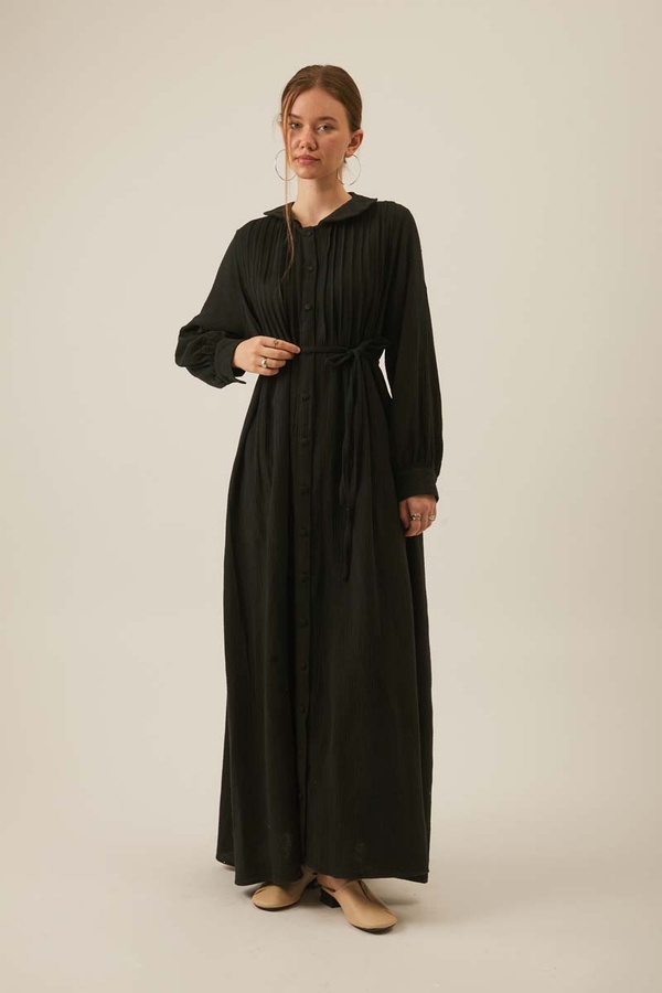 Peter Pan Collar Muslin Dress with Pintuck Details – Black - 4