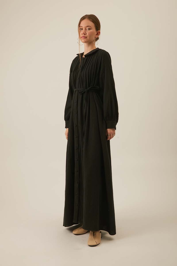 Peter Pan Collar Muslin Dress with Pintuck Details – Black - 5