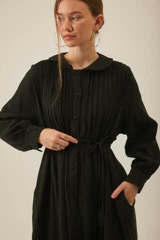 Peter Pan Collar Muslin Dress with Pintuck Details – Black - 6