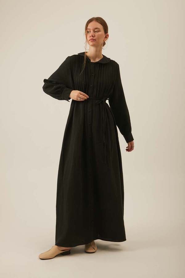 Peter Pan Collar Muslin Dress with Pintuck Details – Black - 2