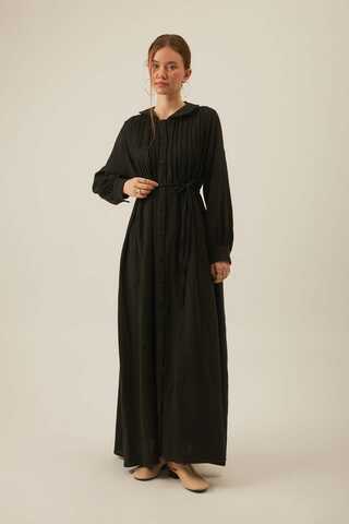 Peter Pan Collar Muslin Dress with Pintuck Details – Black - 4