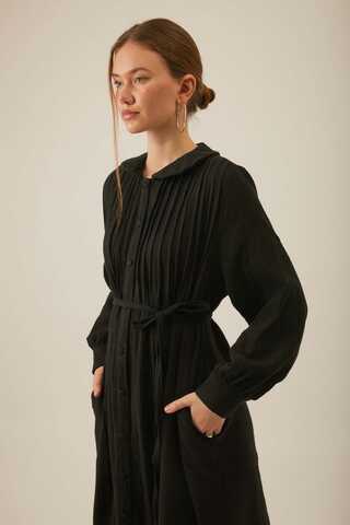 Peter Pan Collar Muslin Dress with Pintuck Details – Black - 1