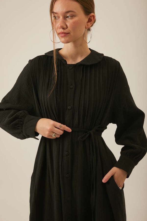 Peter Pan Collar Muslin Dress with Pintuck Details – Black - 6