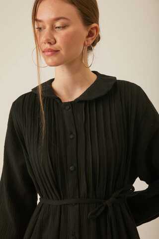 Peter Pan Collar Muslin Dress with Pintuck Details – Black - 3