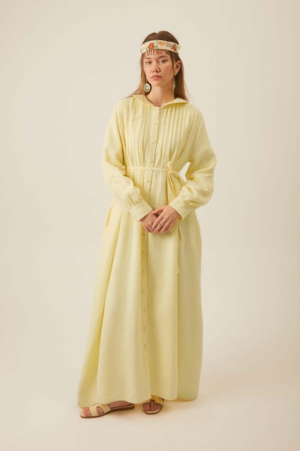 Peter Pan Collar Muslin Dress with Pintuck Details Butter Yellow 
