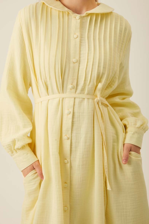 Peter Pan Collar Muslin Dress with Pintuck Details Butter Yellow - 5