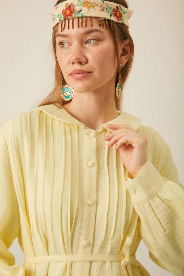 Peter Pan Collar Muslin Dress with Pintuck Details Butter Yellow - 6