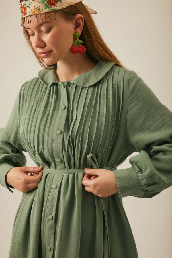 Peter Pan Collar Muslin Dress with Pintuck Details Mint - 4