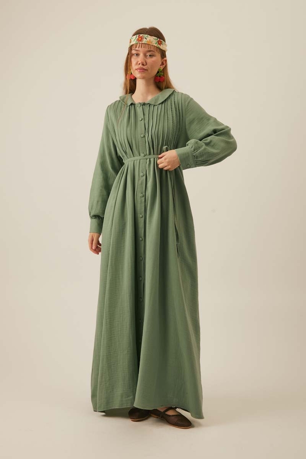 Peter Pan Collar Muslin Dress with Pintuck Details Mint 