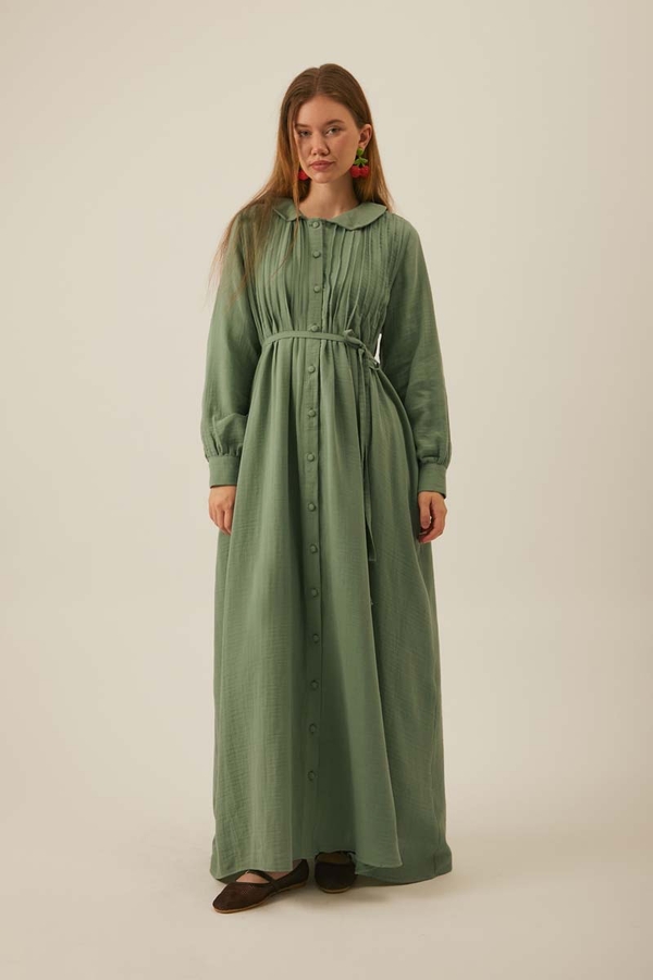 Peter Pan Collar Muslin Dress with Pintuck Details Mint - 6