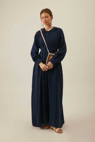 Peter Pan Collar Muslin Dress with Pintuck Details Navy Blue - 1