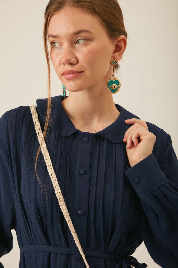 Peter Pan Collar Muslin Dress with Pintuck Details Navy Blue - 2