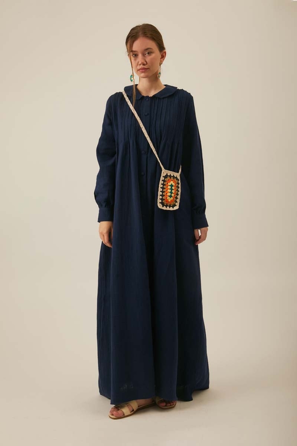 Peter Pan Collar Muslin Dress with Pintuck Details Navy Blue - 3
