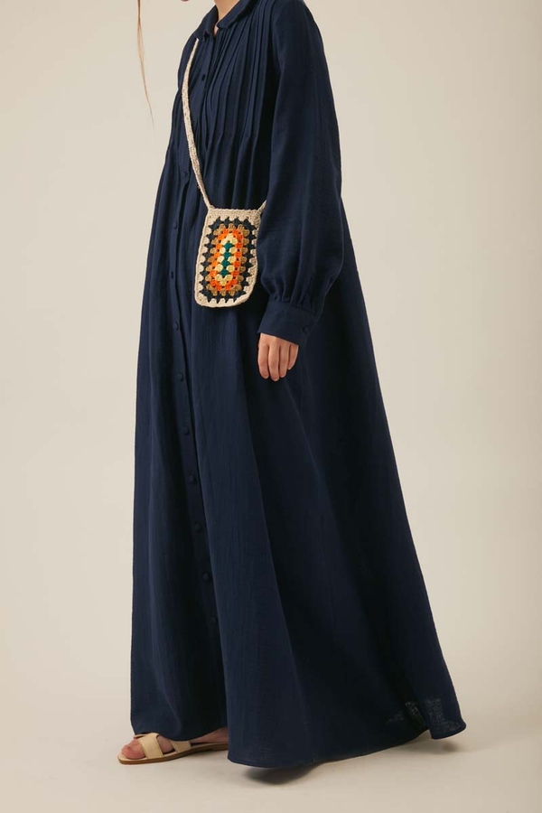 Peter Pan Collar Muslin Dress with Pintuck Details Navy Blue - 4