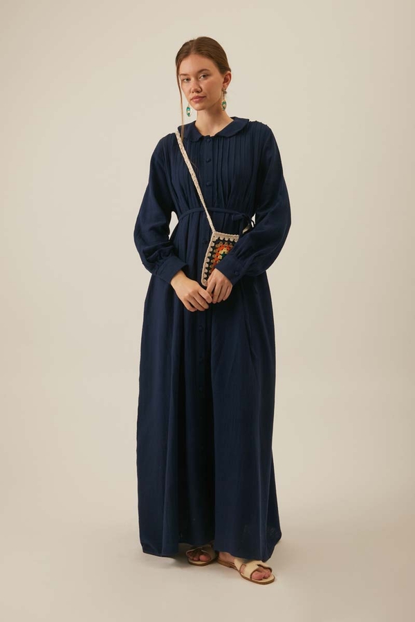 Peter Pan Collar Muslin Dress with Pintuck Details Navy Blue - 1