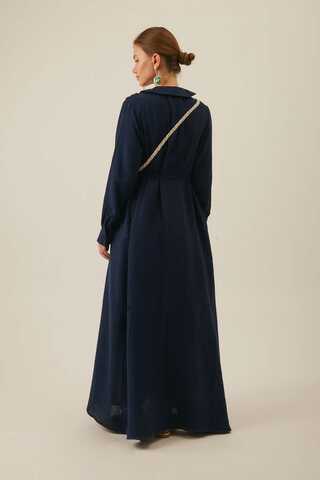 Peter Pan Collar Muslin Dress with Pintuck Details Navy Blue - 6