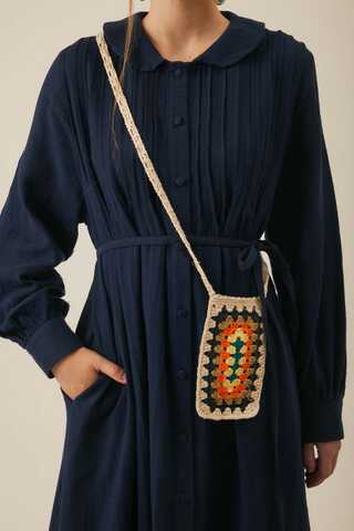 Peter Pan Collar Muslin Dress with Pintuck Details Navy Blue - 5